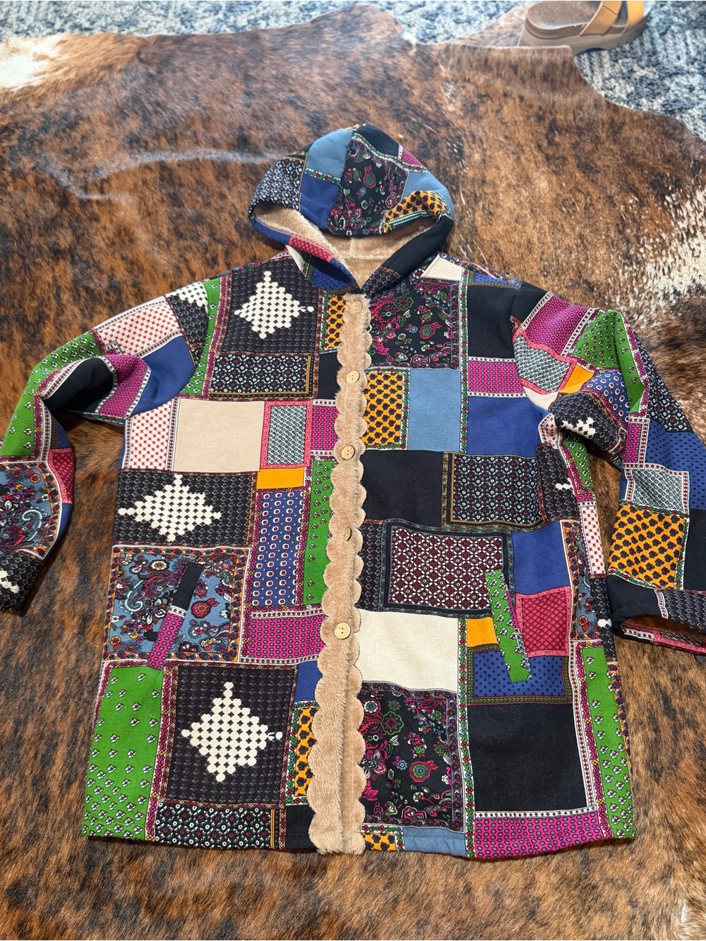 Cottagecore Patchwork Button Jacket Hoodie Womens Sz 2xl Teddy Lined Boho Quilt